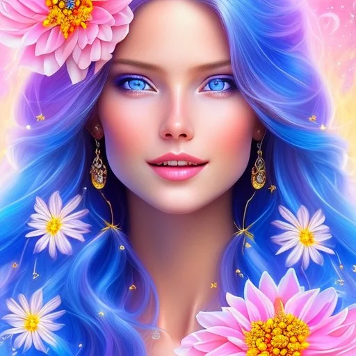 Beautyful smiling young woman, long hair amazing blue eyes, flowers, happy cosmic, bright colors, blue, pink, gold, jewels, realistic, photo real, clear sunny background, highly detailed, high contrast, 8k high definition, unreal engine 5, extremely sharp detail, light effect, sunny light background