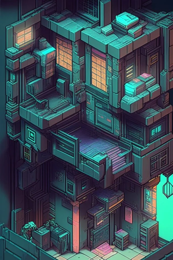 escher style in game asset house anime cyberpunk style