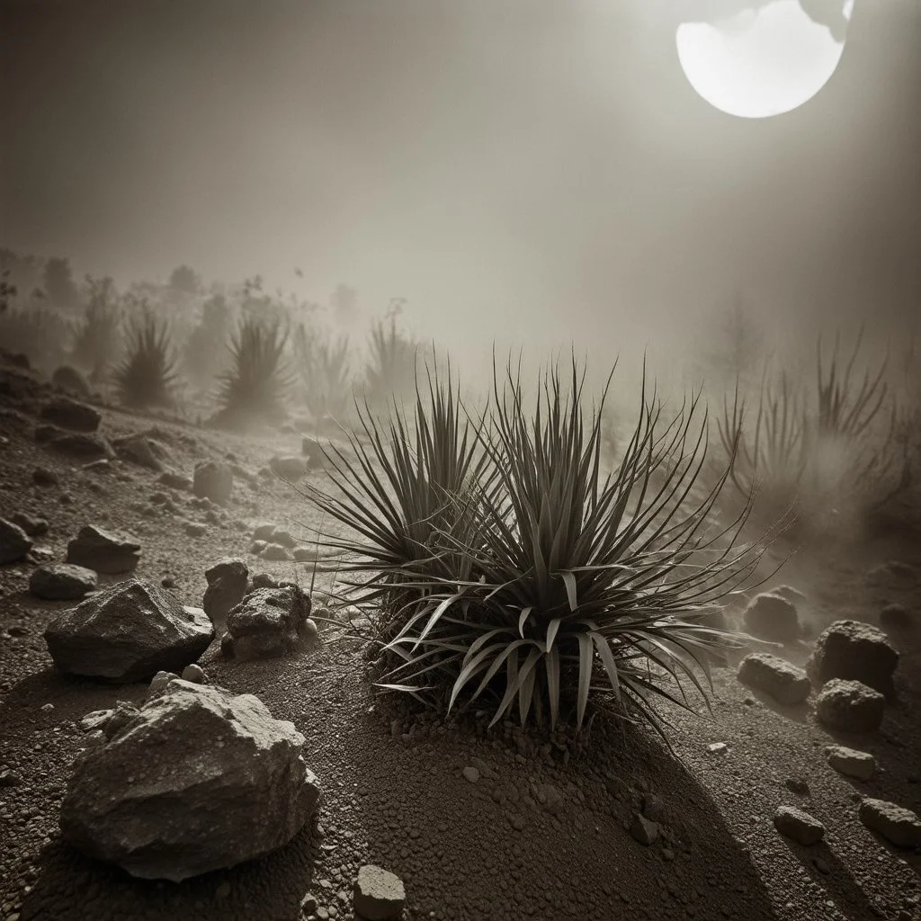 A striking quality Kodak photograph captures a wasteland with a group of plants, creepy, details of the dust very accentuated, glossy organic mass, adorned with minerals and rocks. Bathed in intense light, eerie, Max Ernst style, black sun, fog