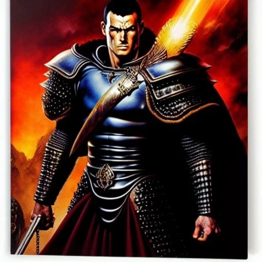 portrait oil on canvas, Berserk Guts with Armor ,comic book cover, mystical colors,insanely detailed,realistic,intrincate detail, 16k resolution, masterpiece,Frank Frazetta,Alex Horley, Simon Bisley.