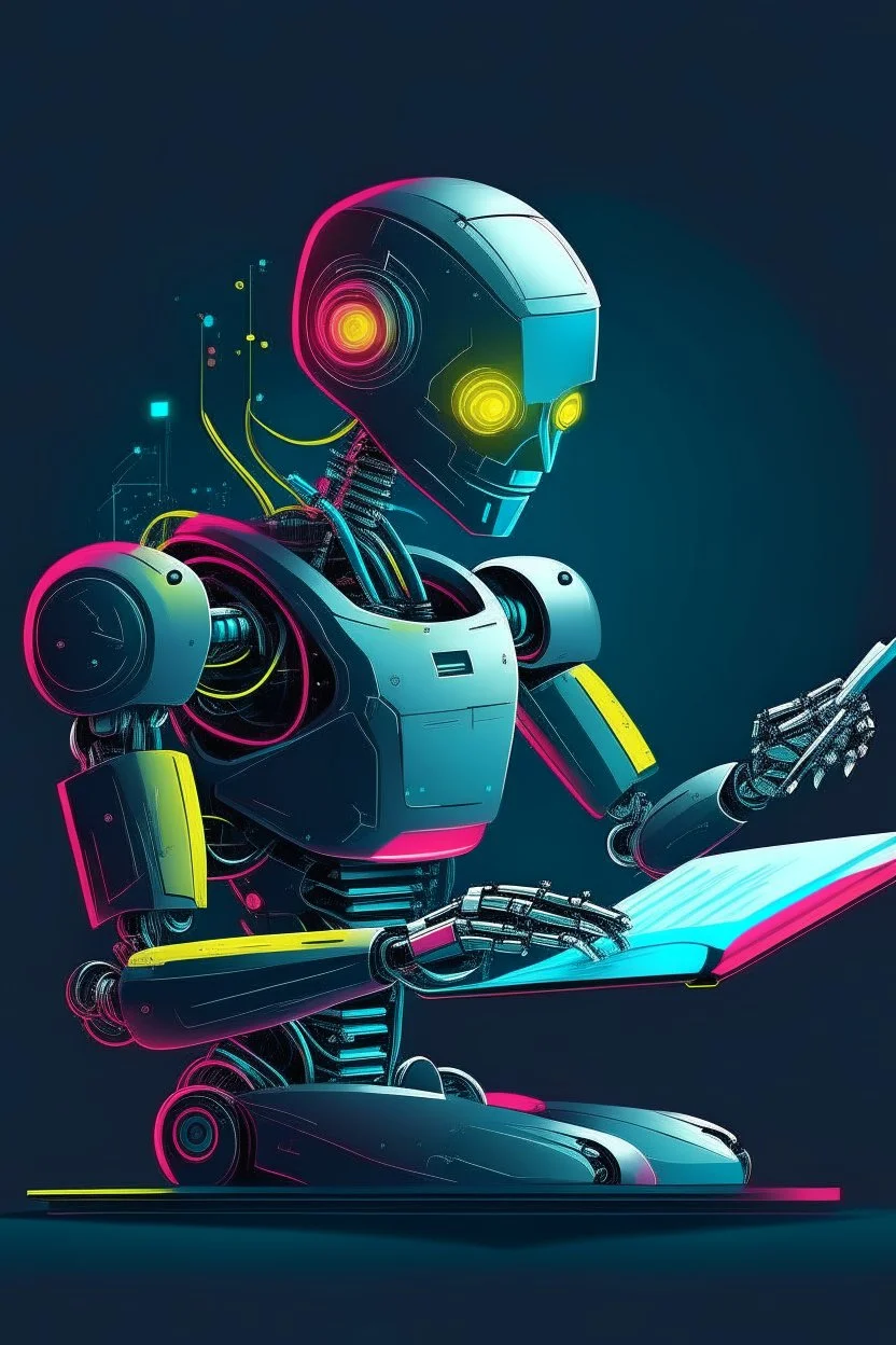 generate a full color front cover simplistic illustration representation of Ai metalic bot writing a book