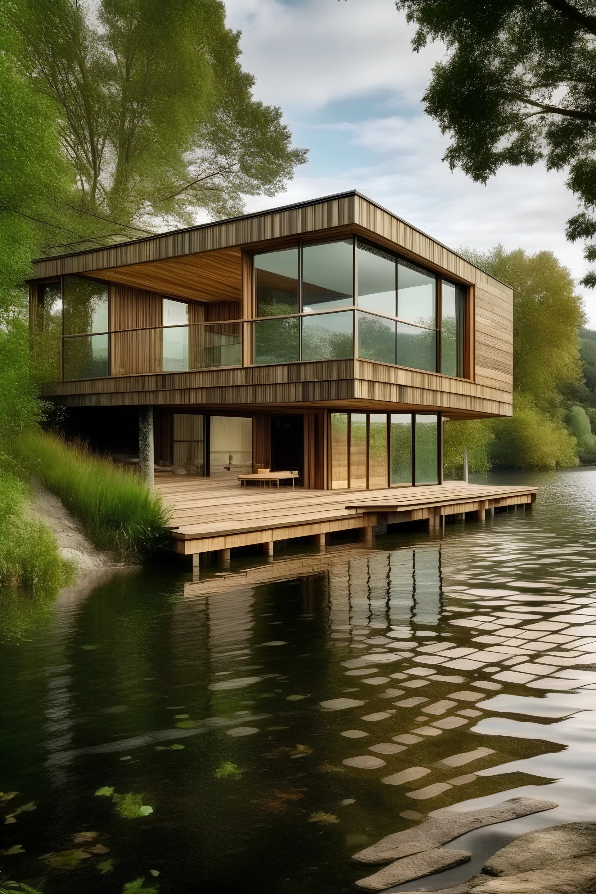 haus am see aus holz modern grosse glasflächen vorvergrautes holz