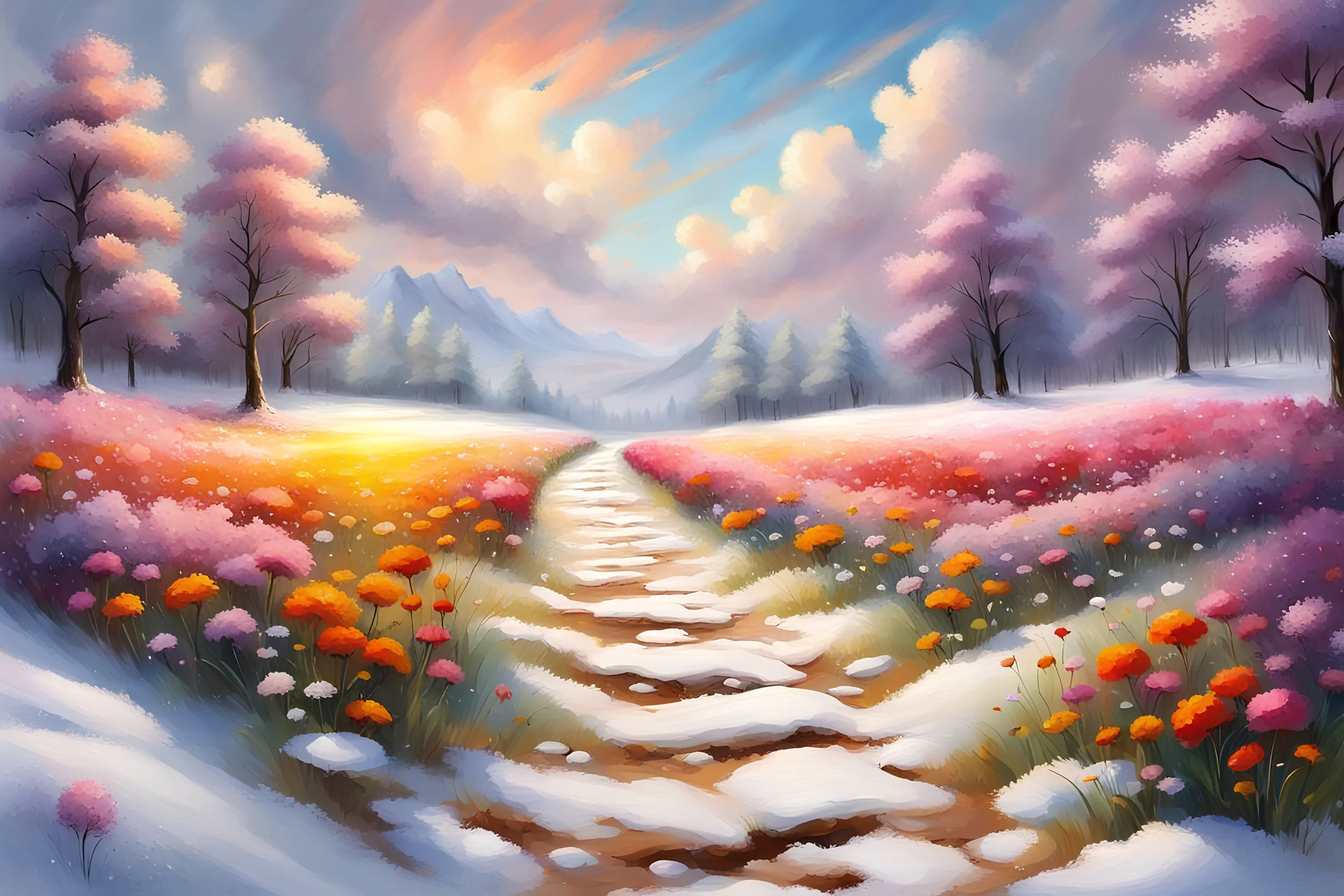 a field filled with lots of flowers next to a forest, footsteps in the snow, beautiful master painting, splashes of colors, path, very attractive and beautiful clouds, ( land ), pathway, color splashes, beautiful view, soft edges, stunning screensaver.