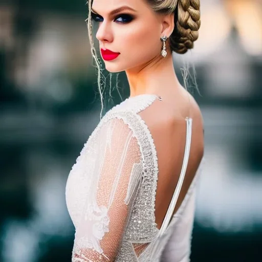 beautiful young queen with white latex bodysuit, intricate details, full body portrait, delicate white braided hair with ponytail, glass eyes, highly detailed, 8k, ambient light, taylor swift, keep head in frame