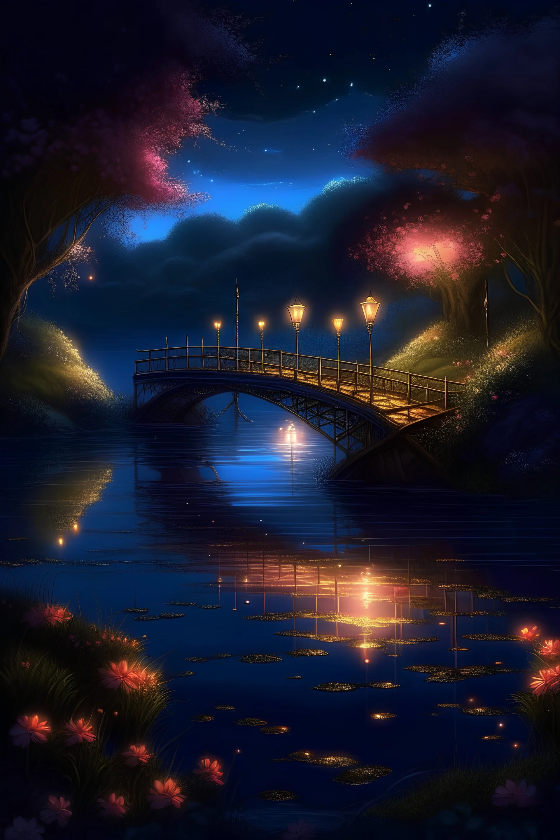 A night bridge in the park, a cozy lonely flashlight is burning, a crystal clear river under the bridge, beautiful flowers around, rose petals on the water, glow professional photo, careful drawing of small details,detailed digital painting, high image detail 120k, fine detailed drawing, perfect angle, professional photo, HDR, UltraHD, many details, pixel study, hyperreal, 9D, hyper detail, photorealism, ultra high graphics, realistic, hyper clarity