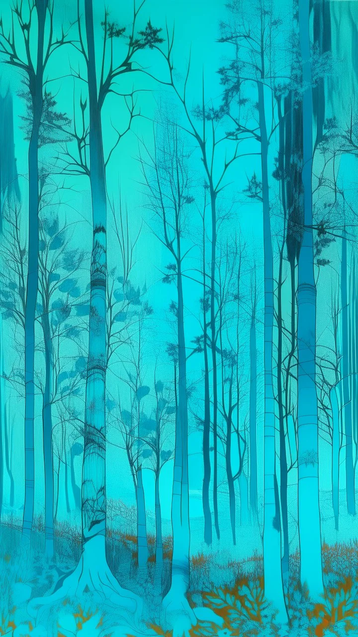 A cyan forest with frozen trees designed in German folk art painted by Andy Warhol