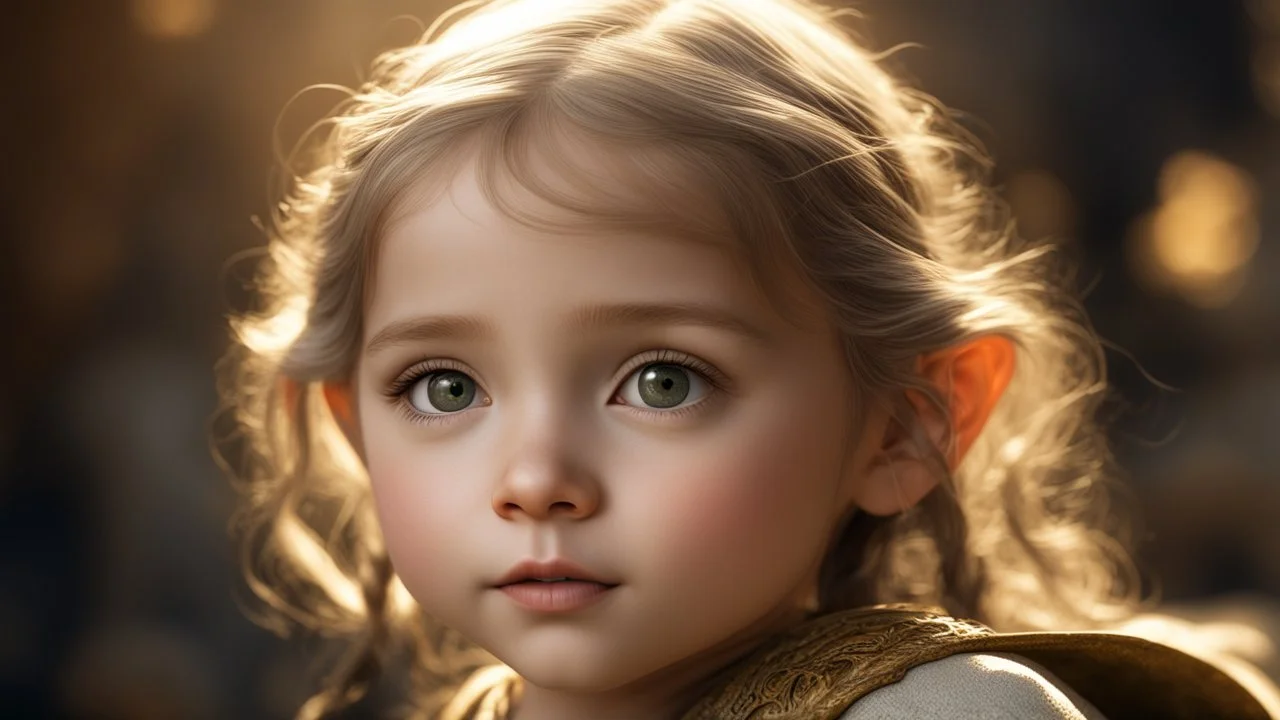 Thoughtful calm happy 2-year-old hobbit girl, engaging, confident, peaceful, aware, intelligent, cheeky, showing her head and upper body, perfect eyes, perfect anatomy, exquisite composition, beautiful detailed intricate detailed octane render, 8k artistic photography, photorealistic, soft natural volumetric cinematic perfect light, chiaroscuro, award-winning photograph, masterpiece, raphael, caravaggio, bouguereau