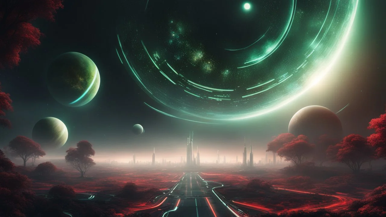 hyper realistic, tron legacy movie, space ships of the future, city of the future, green nad dark red trees , forest, space, planets, god status creations of the universe, face of an alien