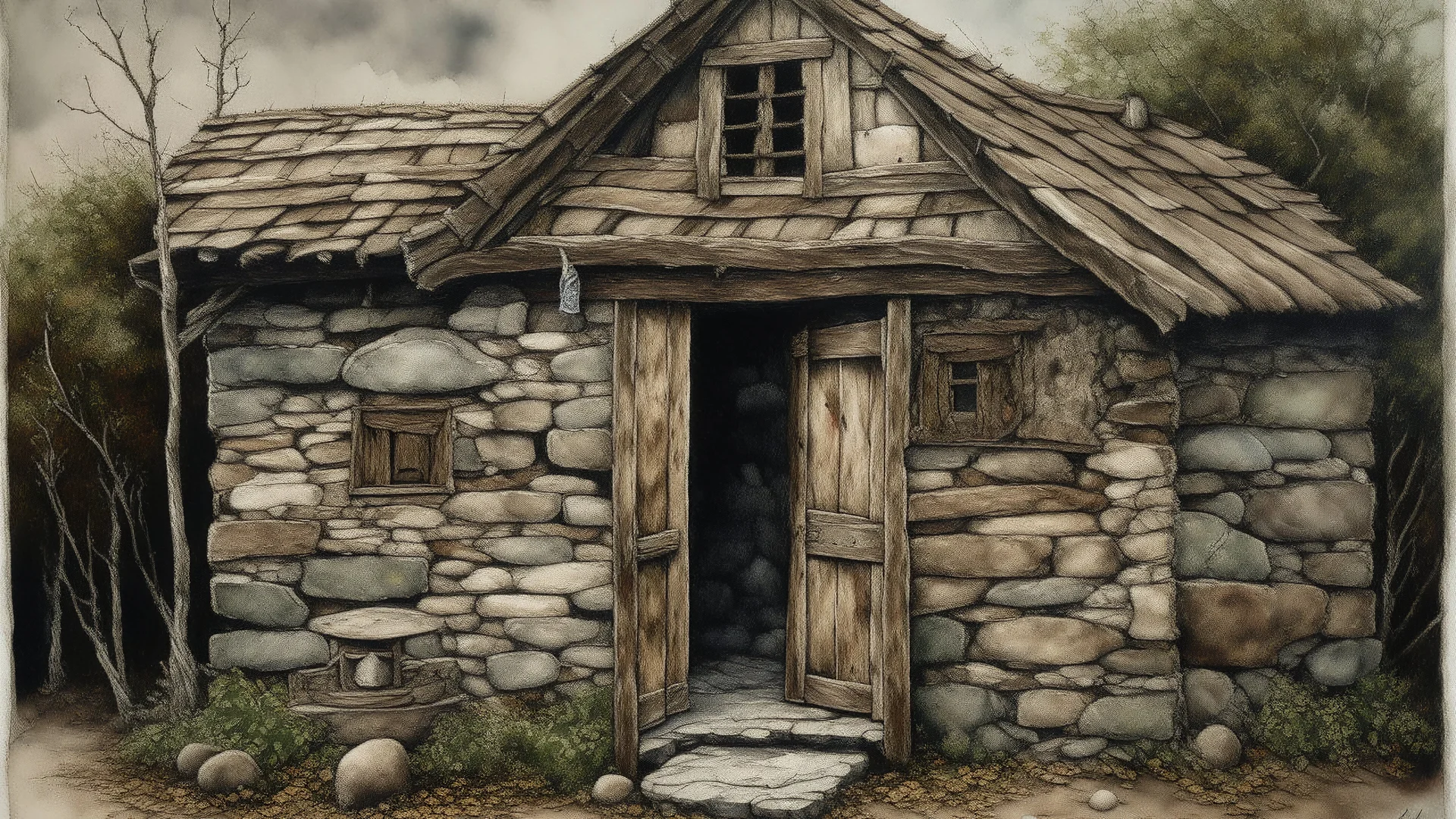 The image is a painting of an old, dilapidated stone building with a sloping roof and a wooden door. The building appears to be a small, abandoned structure with peeling paint and peeling walls. The door is made of wooden planks and has a rusty latch on the right side. The roof is covered in shingles and there is a small window on the left side of the door. In the background, there are trees and shrubs, and a dirt path leading up to the building. The sky is blue and there are a few clouds in the