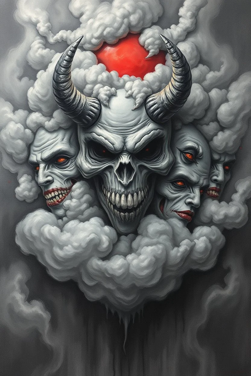 Nightmare in my mind, evil in many faces, Busch painting nightmare, thin line draw, 3D gray clouds colors