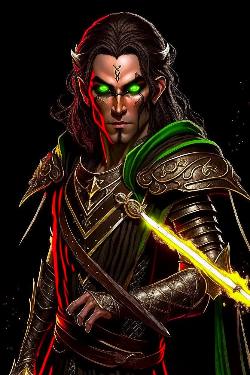 full length, mantle, black background, black with, holding a spear in his hand, dark green eyes, the character is not too close to the camera