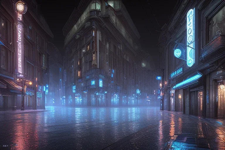 atmospheric, night, city, dark, rain, high level of detail, high definition, blue neon, blender 3d