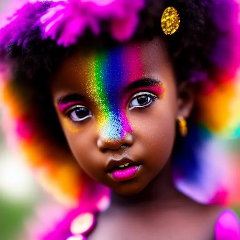 full body shot, masterpiece, best quality, child, dark skinned, sparkling eyes, fluorescent skin, colorful makeup, afro, highly detailed body, sun light, 4K, RAW, depth of field, high contrast, realistic details, 24mm