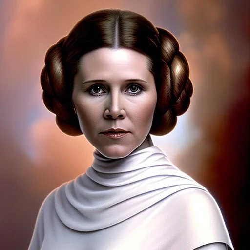 extremely detailed 8k hyperspace wallpaper,complete and photo realistic detailed head to waist stunning photo realistic portrait of carrie fisher as Princess Leia in star wars with photo realistic fine and simple hairstyle, brown eyes, professional majestic photo realistic painting by Ed Blinkey, Atey Ghailan, by Jeremy Mann, Greg Manchess, Antonio Moro, trending on ArtStation, Intricate, High Detail, Sharp focus, dramatic, by greg rutkowski, realism, beautiful and detailed lighting,