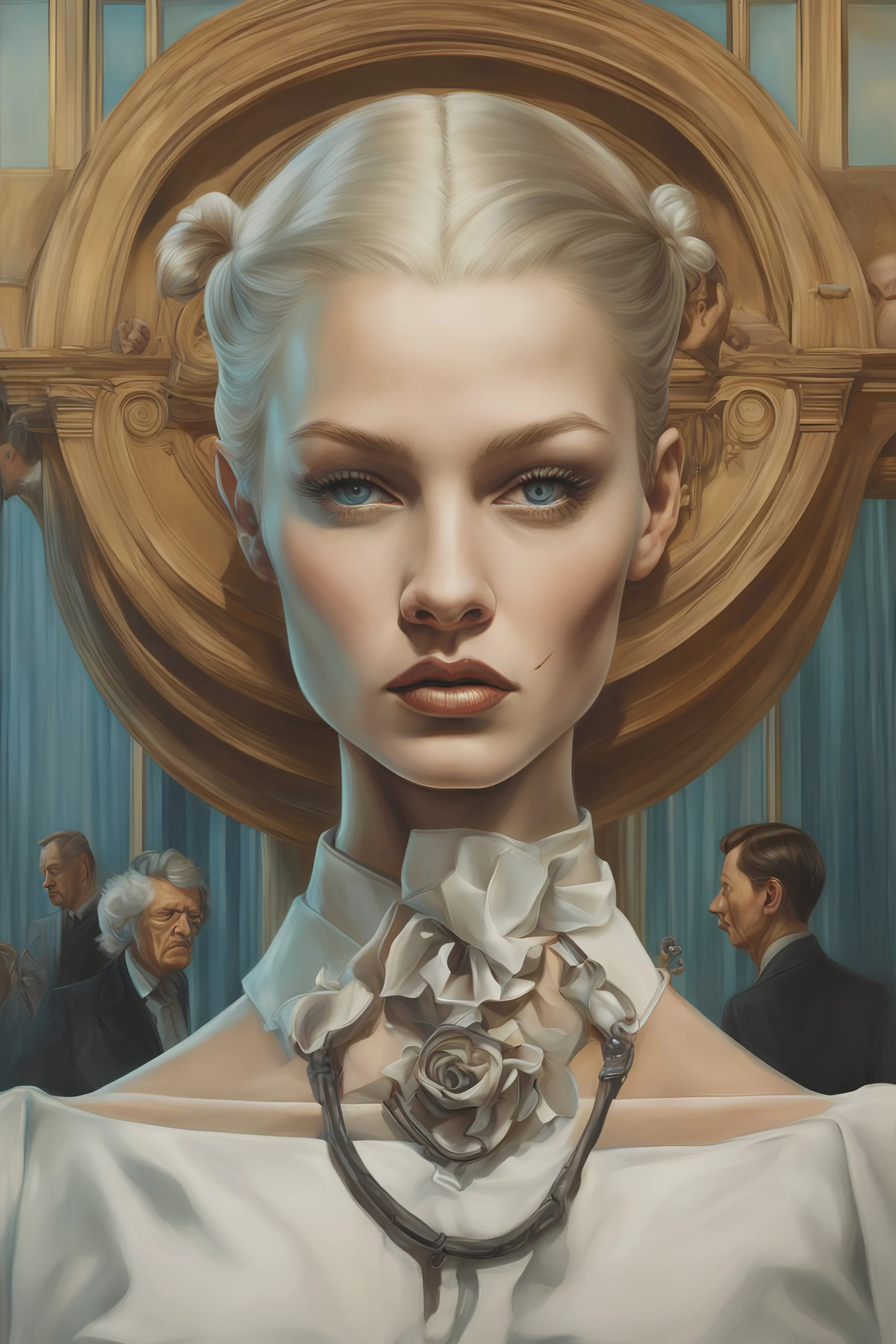 Salvador Dalí style Alexandra "Sasha" Aleksejevna Luss psychology erect oil paiting by artgerm display Salvador Dalí style In Sigmund Freud's Freudian depth psychology, dream, symptom, image artgerm display style punk anarchists in the background in the library