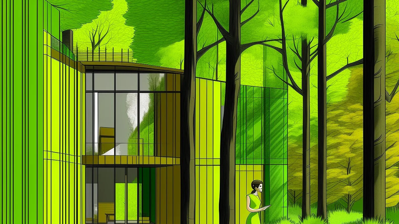 The image shows a modern architectural design featuring a brown-hued house with large glass windows, surrounded by lush greenery and a person in a yellow dress interacting with a tree. The main object is a two-story house with a textured brown exterior. It has large windows that reflect the surrounding landscape and a mirrored glass door. A slender birch tree stands in front of the house, complemented by patches of green grass and small plants. A lone figure, a woman in a loose yellow dress, is