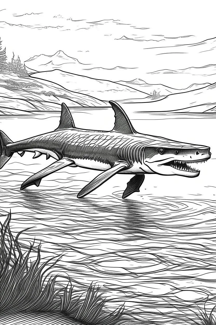 Outline art, no shading, full body shark in the river, black and white, low detail, --ar 9:11