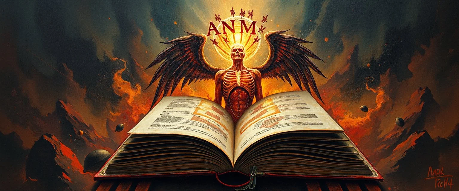 a high definition screen shot of A OPEN ANATOMY BOOK, retrofuturistic, phototrealism, Macabre Rapture End of days Revelation scene, loose brush stroke matte oil painting, sinner apotheosis,diagonal composition, unbalanced, abstract surreal horror, eerie, scary warm colors, Eldritch, JonKnockTurnal 2999 ufo, bilaterally