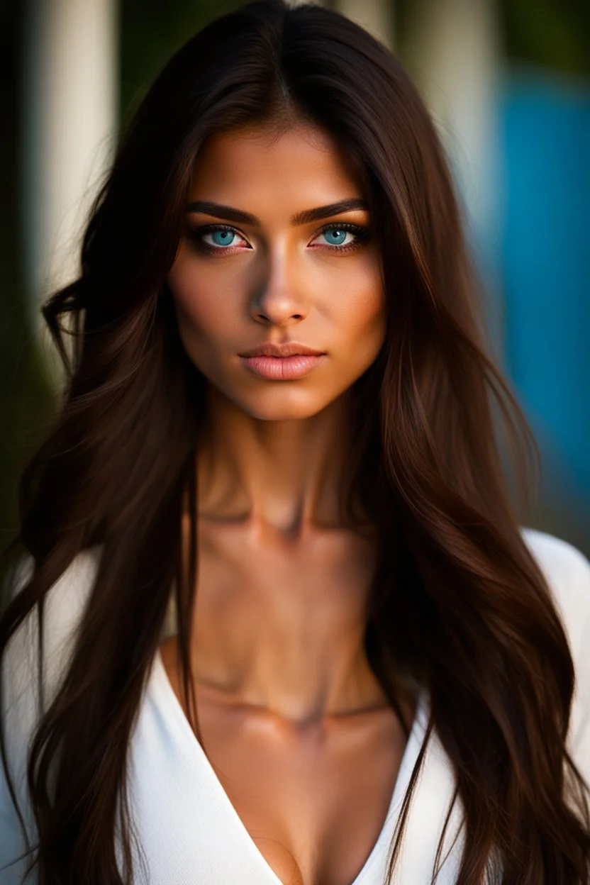 pretty18 year old girl with olive skin and long chocolate brown side swept hair. Blue eyes. wearing a white bikini