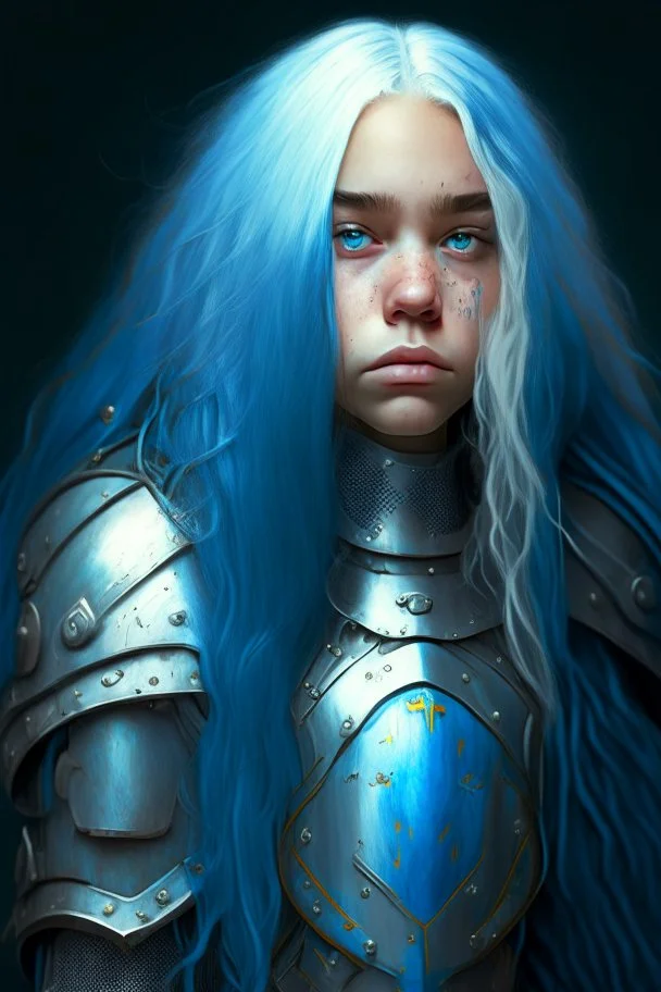 A portrait of a young girl with an heavy armor, long blue hair