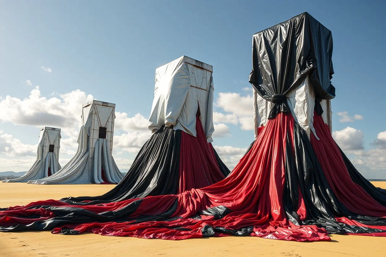 Fotografia di una superficie piatta di colore azzurro chiaro e giallo pastello, su cui si ergono alcuni gigantesche immense enormi strutture di forma indefinita, fatte di materiali vari, ricoperte da materiale plastico argentato, rosso, e nero, che scende a terra. Max Ernst, Amano, Yves Tanguy, Piet Mondrian, James Ensor, paranoic, obsessive, eccessivo, aria aperta, sole, nuvole, glossy, surreal, hasselblad h6d400c --ar 85:128 --v 6.