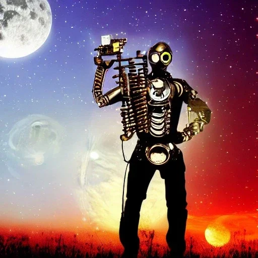 cyborg one man band, full moon background center large, steampunk style, horizontal image