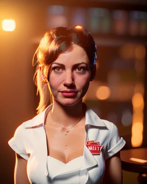 waitress woman with muppet head, real photo, concept art, retro style, smooth, unreal engine 5, god lights, ray tracing, RTX, lumen lighting, ultra detail, volumetric lighting, 3d.