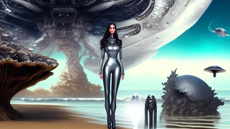 woman with dark hair in a silver robotic catsuit, standing on a futuristic alien beach with a crashed spaceship in the water, with mushrooms with octopus tentacles flying in the air