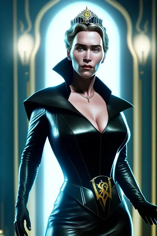 Kate Winslet as evil queen in black leather, cleavage, busty, by Frank Miller, Sin City style, dystopian, 8k photorealistic, cinematic lighting, HD, high details, dramatic, atmosphereric, trending on artstation