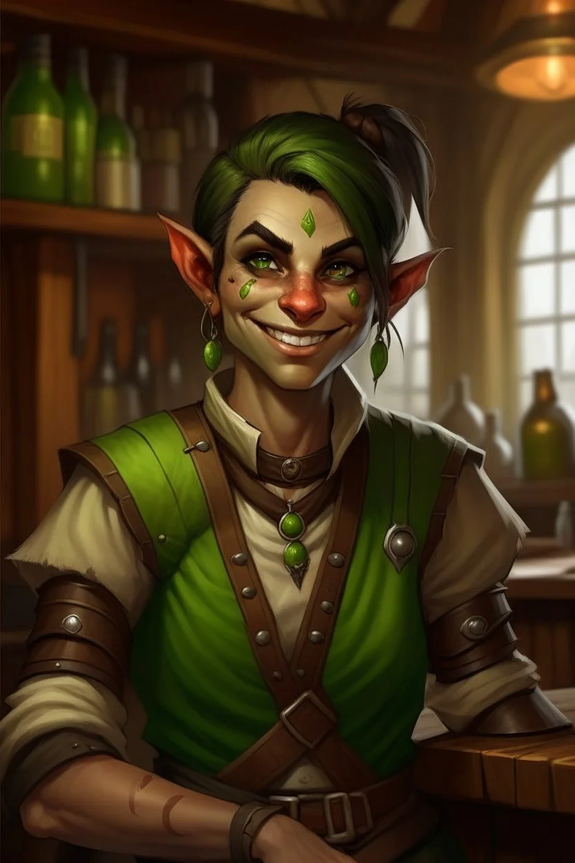 Dungeons and dragons half orc tomboy. She has green skin and pointy ears. She is kind. She had a wide smile. She has short hair. She is strong. She is in a tavern. Realistic style