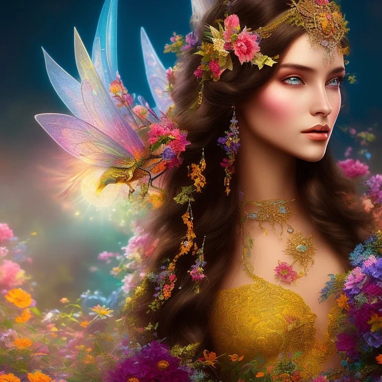 bright indigenous fairy, beautiful portrait, flowery landscape, light, sun