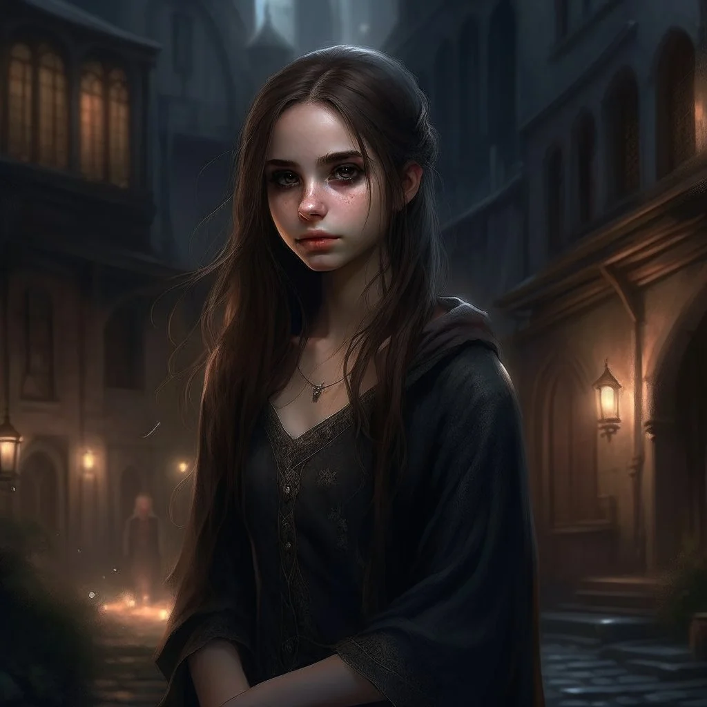 pretty girl, conventionally attractive, dark clothes, realism, dreamy, tight top, age 13, sorcerer, city, fantasy, medieval