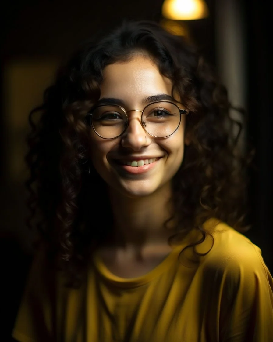 Jeune femme au sourire éclatant, longue et élancée, button nose, cheveux noirs, longs, bouclés et volumineux, porte de grandes lunettes rondes à la monture transparente. Elle porte un t-shirt de couleur jaune moutarde avec une chemise florale transparente. Rembrandt style lighting, 8k, portrait, HD.