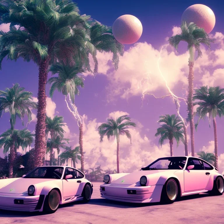 1980's aesthetic vaporwave palm trees and spheres and Porsche with lightning