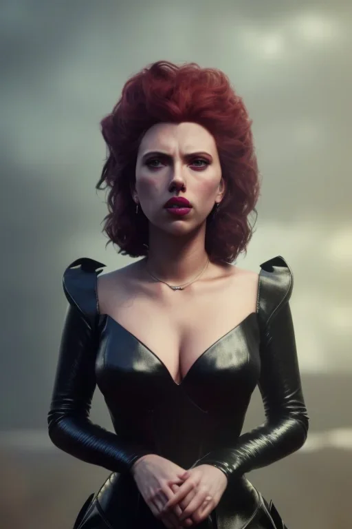 Scarlett Johansson as evil queen in black leather gown, cleavage, angry, stern look unreal 5, octane render,cinema4d, dynamic lighting, dramatic lighting, 4k, redshift render, highly detailed, hyper realistic