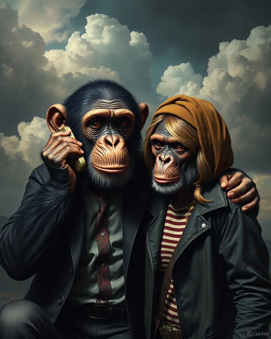 Bosch painting style, nightmare , a male chimpanzee dressed like a teenager with phone talking to a female chimpanzee dressed like a teenager . great quality picture with cinematic scenes , heavy clouds in the background
