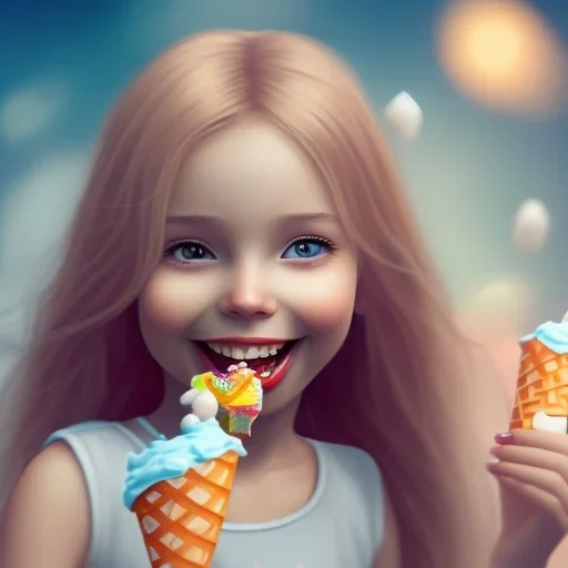 cute, adorable, smiling girl eating ice cream, candies flying all around her, Pixar, disnet, cinema lighting, gaming, 8k, magic, love --q 1 --v 4 mdjrny-v4