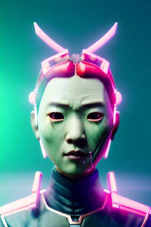 portrait, Asian cyborg woman, samurai warrior :: symmetry photography, cyberpunk style, cyborg eyes, pink hair, wires conveying, perfect eyes, samurai helmet, tiger mask, black samurai army, katana, japanese traditional ornaments, pink, white, black, glow eyes, cinematic, Ultra realistic, dark scene, soft color, highly detailed, unreal engine 5, RTX, ultra detail, 3d, finely drawn, high definition.