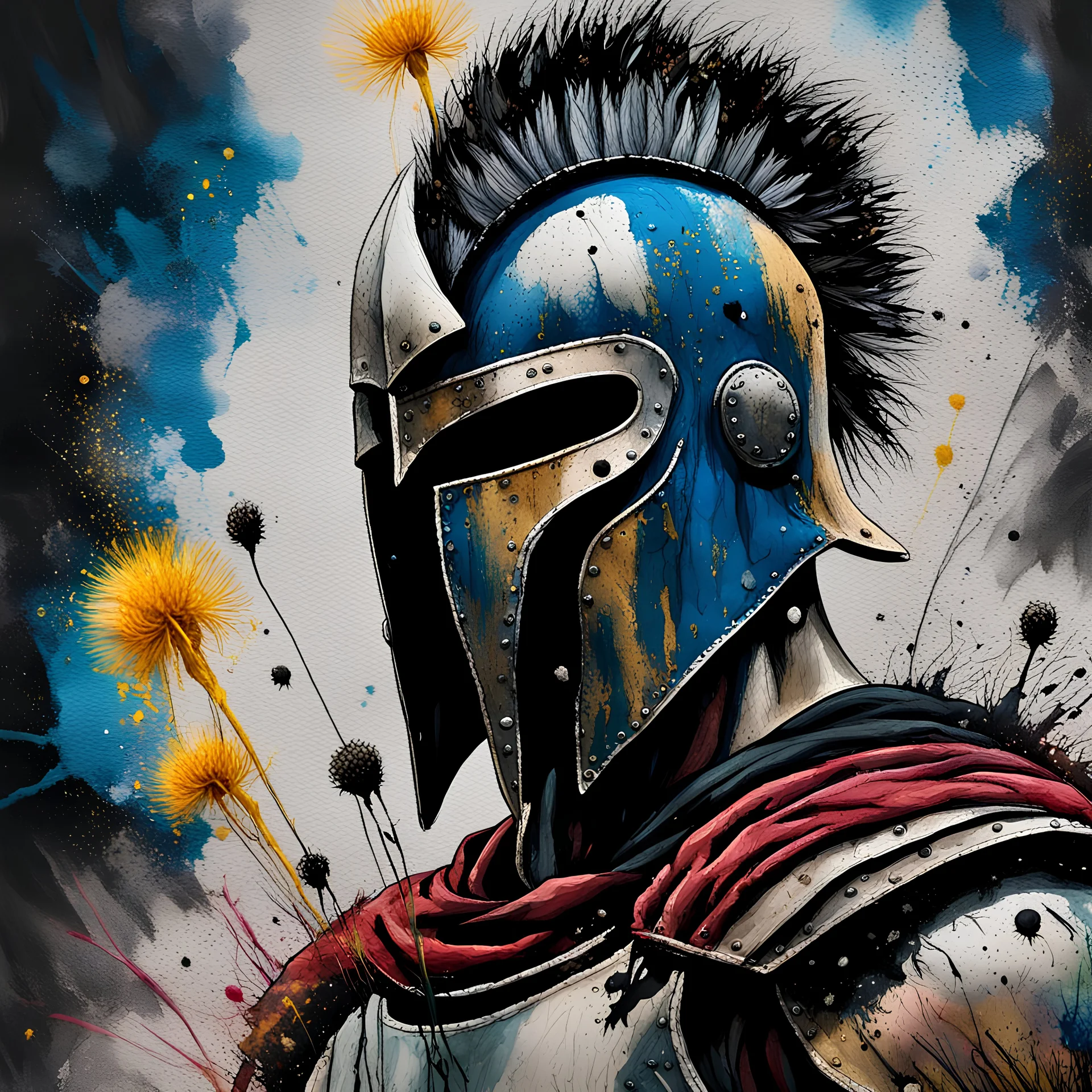 digital wallpaper portrait of a spartan warrior, no face, gloomy background, brutal, majestic, dramatic, digital painting, expressionism, emotionally profound, close up, unforgettable, high quality, splatter and drip painting technique, watching dandelion seeds in the wind, alcohol inks, chalks, oil pant, glitter, mixed media; full screen ; stylish embroidered patch featuring idiotprojketet;