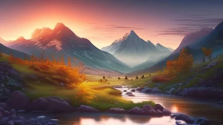 A view of breathtaking nature, at sunrise with a mountain stream and mountains in the background.