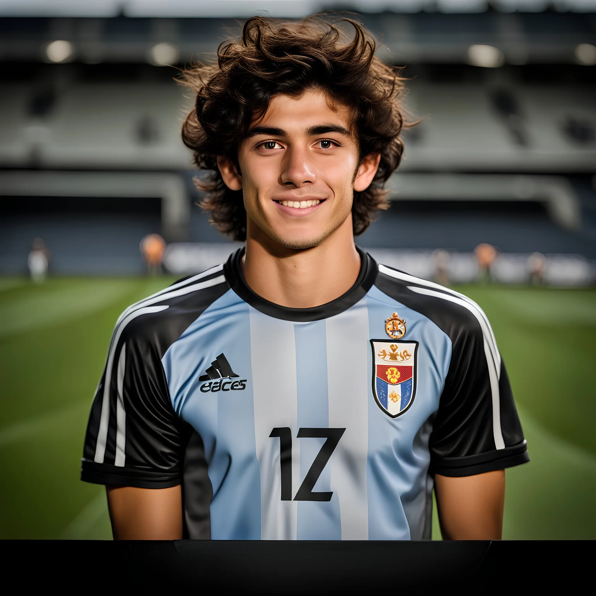 85mm DSLR color photography of a very detailed headshot fitting all of head and hair in frame. 19-year-old Argentine soccer player, and with no facial hair and has no facial hair, has short and black hair with a small smile, grey background