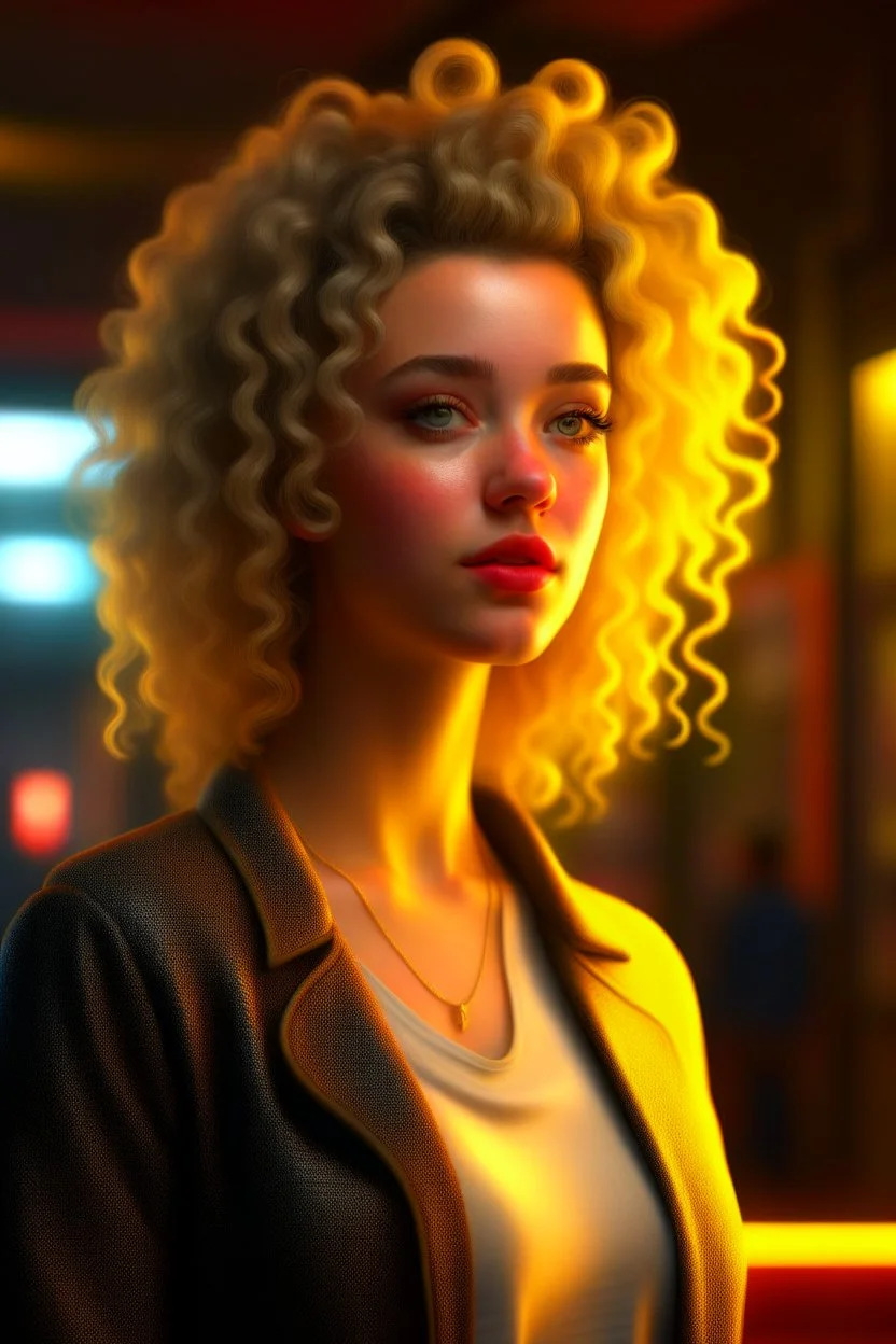 casino, a cute curly blonde female chat robot that stares at us like we are the prettiest demons she has ever seen, its such a perfect day, motion blur, smoke, 8k, downlight, soft light, depth of field, photorealism, trending on art station, lotsa detail