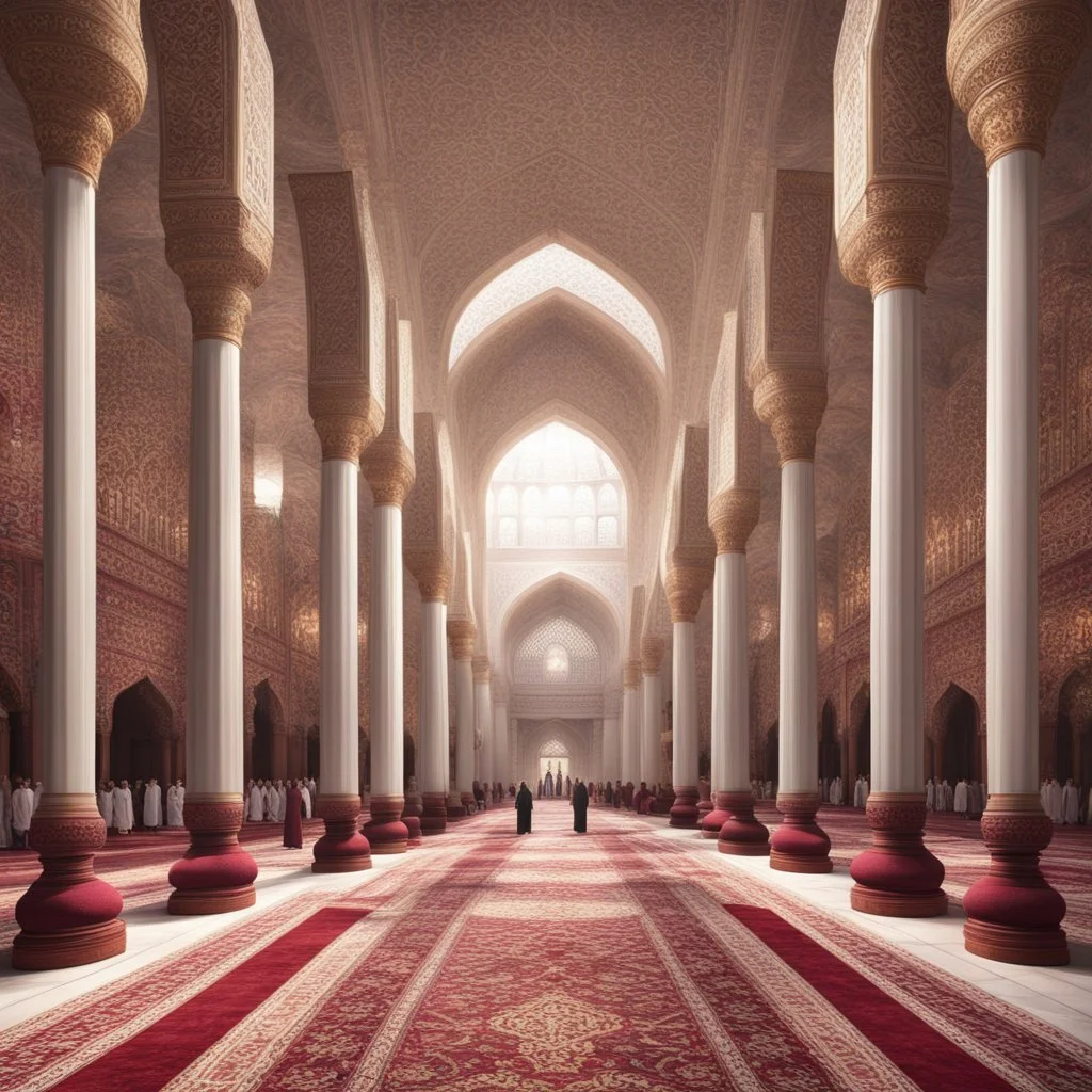 Hyper Realistic lots of people Praying-Namaz inside a huge Mosque-hall-with-white-&-maroon-walls-&-fancy-pillars decorated with traditional-lamps & beautiful carpets showing dramatic-&-cinematic-ambiance