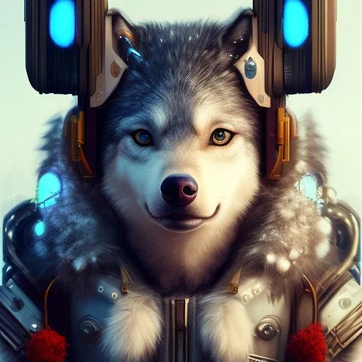 Cyberpunk Portrait of cyborg wolf child with brown hair and with cute face, north pole snowy vibe , perfect composition, hyperrealistic, super detailed, 8k, high quality, trending art, trending on artstation, sharp focus, studio photo, intricate details, highly detailed, by greg rutkowski