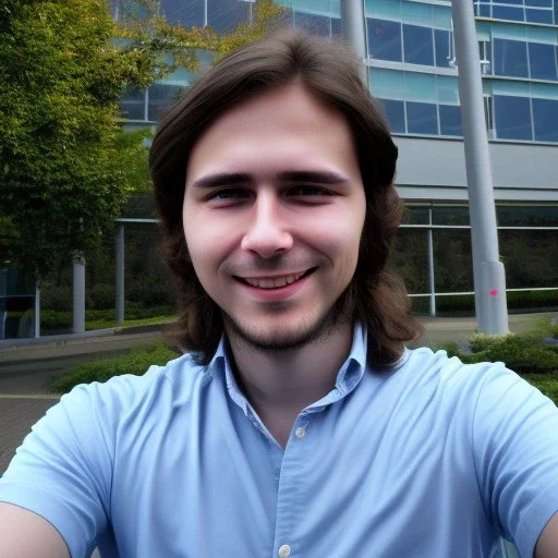 A long haired, male software engineer taking a selfie in front of Building 92 at Microsoft in Redmond, Washington