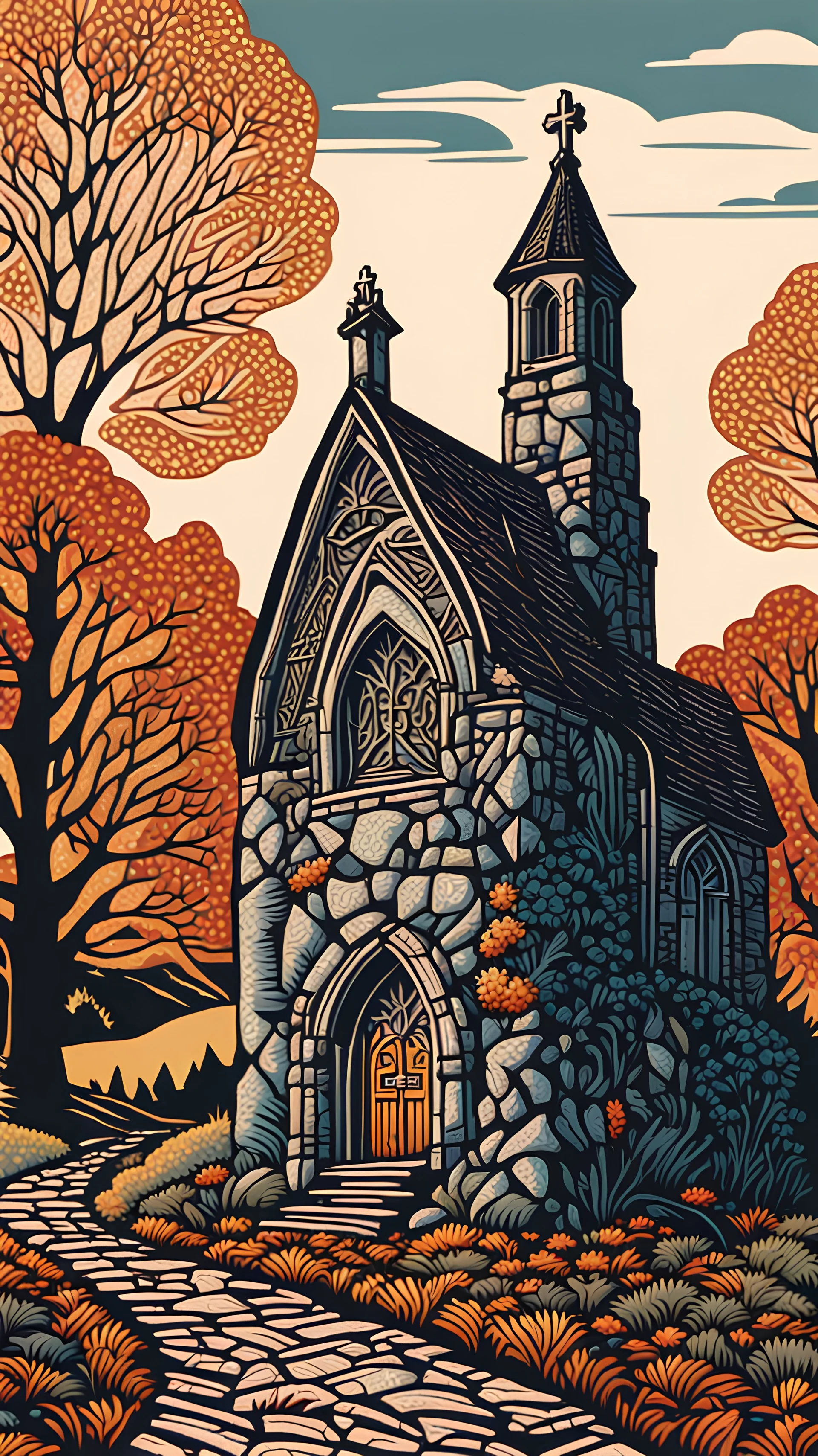 Scottish stone church in an autumn landscape, fine-art four-colour linocut illustration intricate dynamic lighting wallpaper award winning ultra detailed high definition very cute Print zentangle maximalist graceful linocut