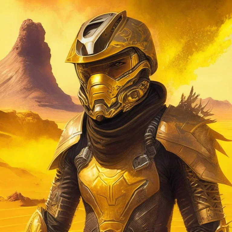 A portrait of a biker racer wearing a golden shiny armour biker like ironman, in a desert with a volcano background. Magic the gathering style art. Diesel punk.