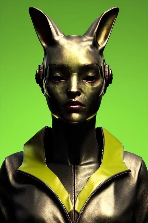 Medium Close Up Portrait, Front image. cyberpunk, rabbit mask, sweet woman, gold hair. Leather suit army. Yellow, white, green, color. Retro futuristic style. Color background, photo studio. Avatar image, highly detailed, concept art, smooth, unreal engine 5, ray tracing, RTX, lumen lighting, ultra detail, volumetric lighting, 3d, finely drawn, high definition, high resolution.