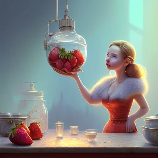 pixar style,women with sweet jar ofjam in kitchen,volumetric blue sky environment and background, volumetric lighting,dramatic lighting, realistic painting of an strawberry, looking excited, detailed digital painting, extreme dense and fine fur, anime, ornate, colour-washed colors, elegant, small minutiae, tiny features, particulars, centered, smooth, sharp focus, renderman gofur render, 8k, uhd, detailed eyes, realistic shaded volumetric lighting,caustics,backlight,centered camera view