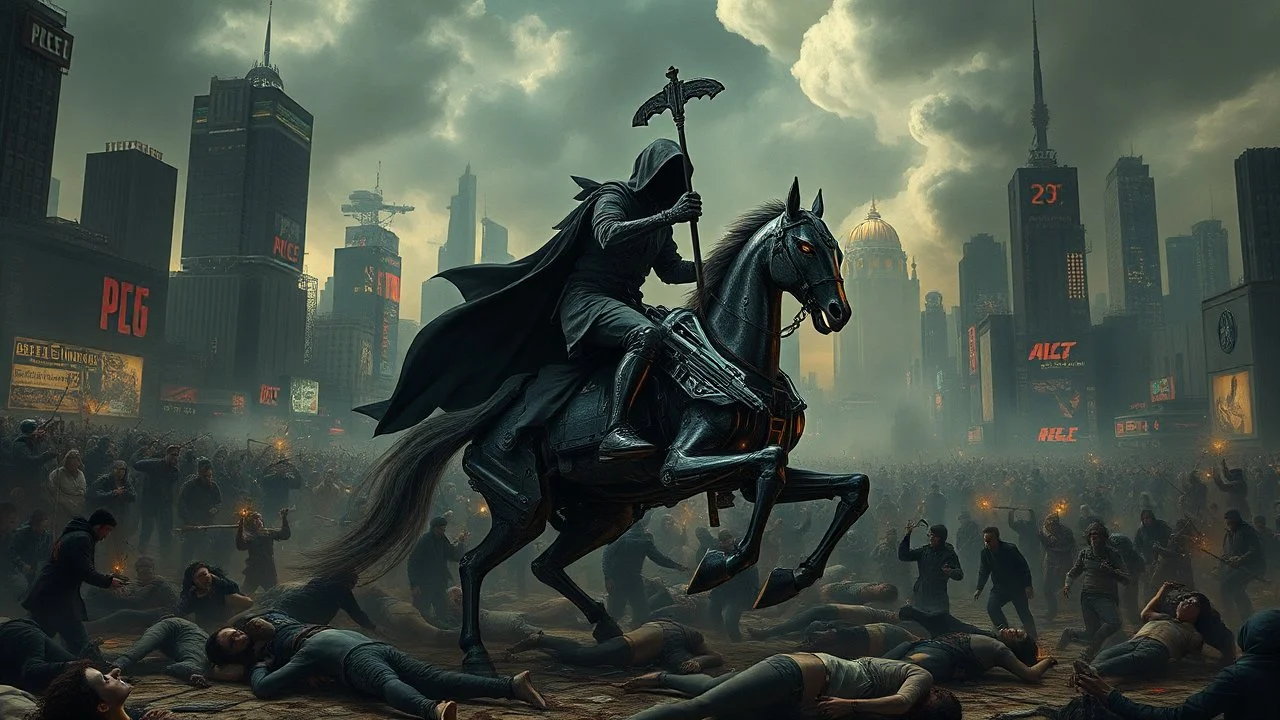 A chaotic cyberpunk interpretation of Bruegel's "The Triumph of Death", capturing the symbolic "harvest" of humanity. this is terror. A dystopian metropolis under smog sky, where cybernetic grim reapers are executing physical harvest. Many of humans citizens killed and overwhelmed by an army of cyberwarrior androids and robots, panicking people, many bodies lying on the ground. In the foreground, a cyber-death warrior in black hood with futuristic gun, on a mechanical horse, thriller